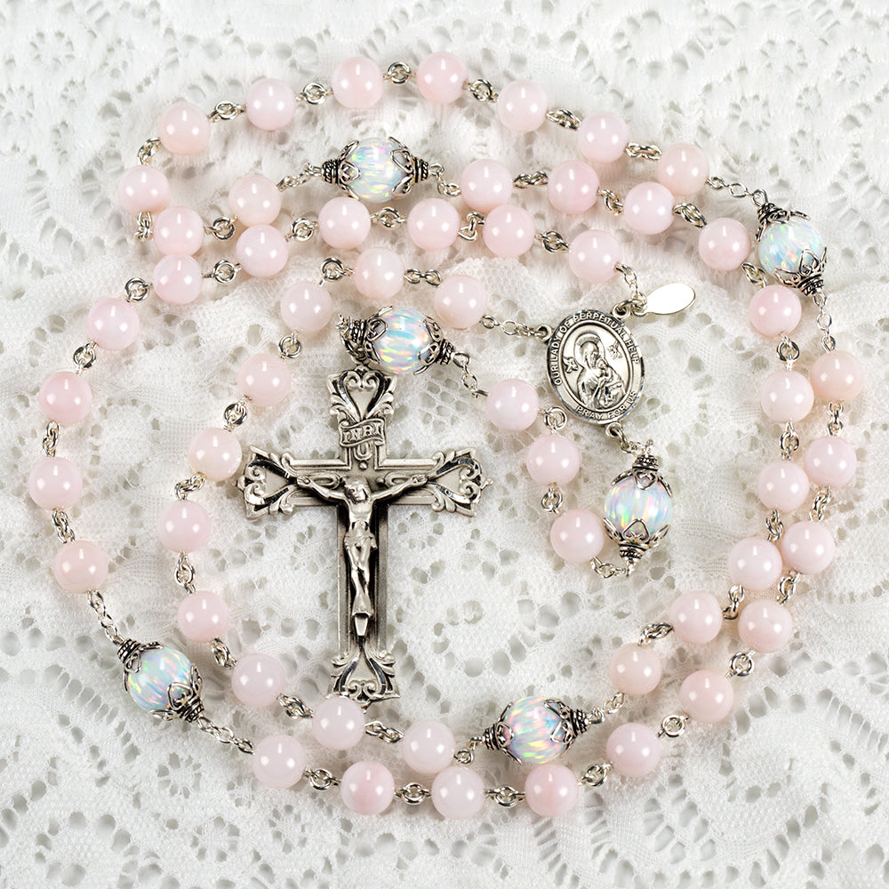Catholic Women's Rosary Handmade with Pale Pink Opals and Manmade Opals