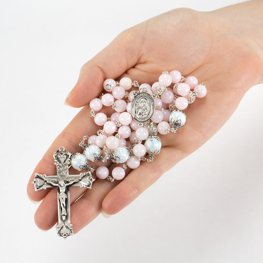 Catholic Women's Rosary Handmade with Pale Pink Opals and Manmade Opals
