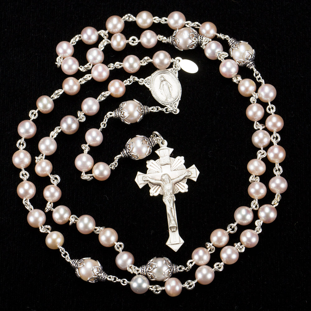 Catholic Women's Rosary Handmade with Pink Freshwater Pearls and Sterling Silver