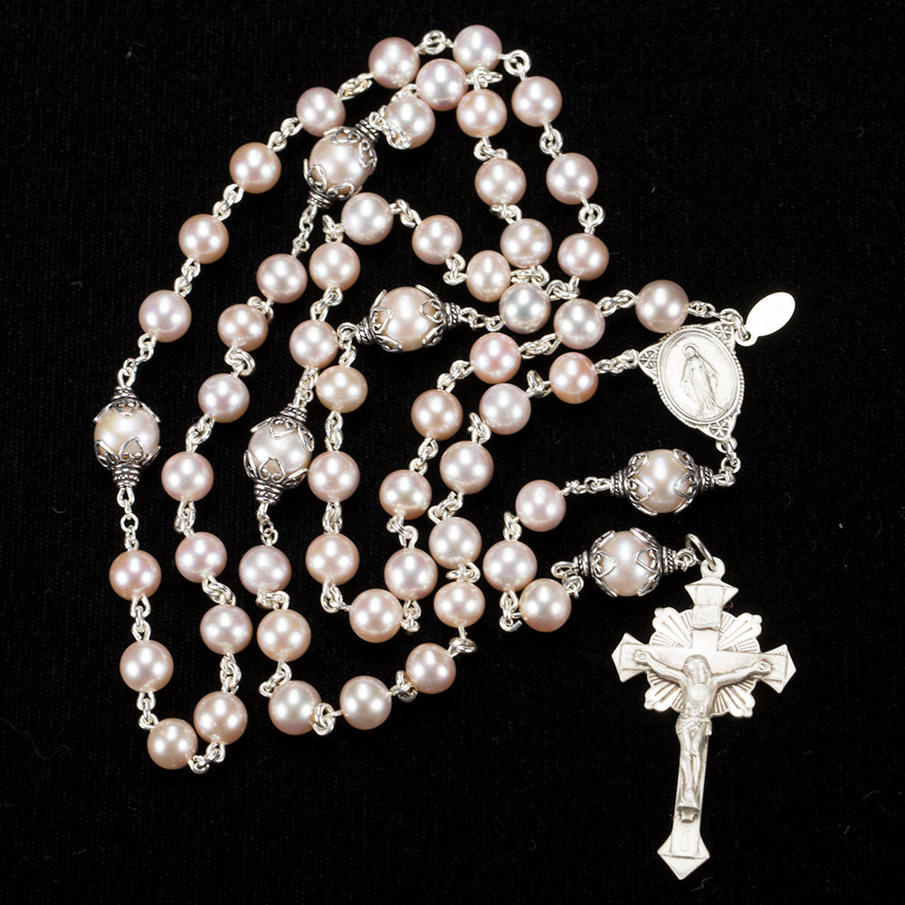 Catholic Women's Rosary Handmade with Pink Freshwater Pearls and Sterling Silver