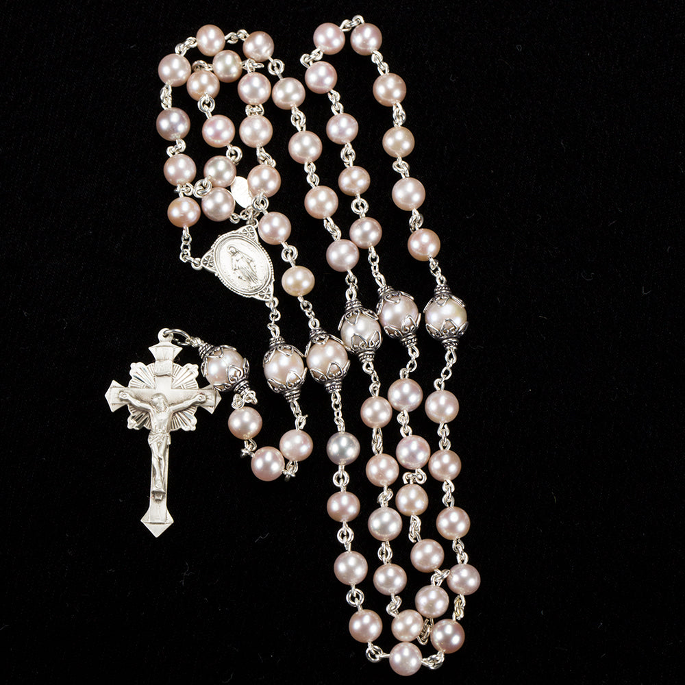 Catholic Women's Rosary Handmade with Pink Freshwater Pearls and Sterling Silver