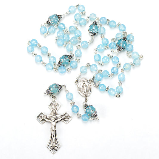 Catholic Women's rosary handmade with Sea Blue Chalcedony stones
