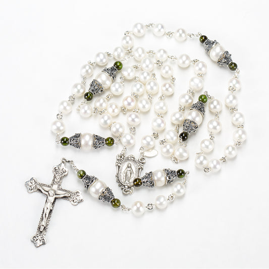 Catholic Women's Rosary Handmade with Freshwater Pearls, Green Tourmaline and Sterling Silver