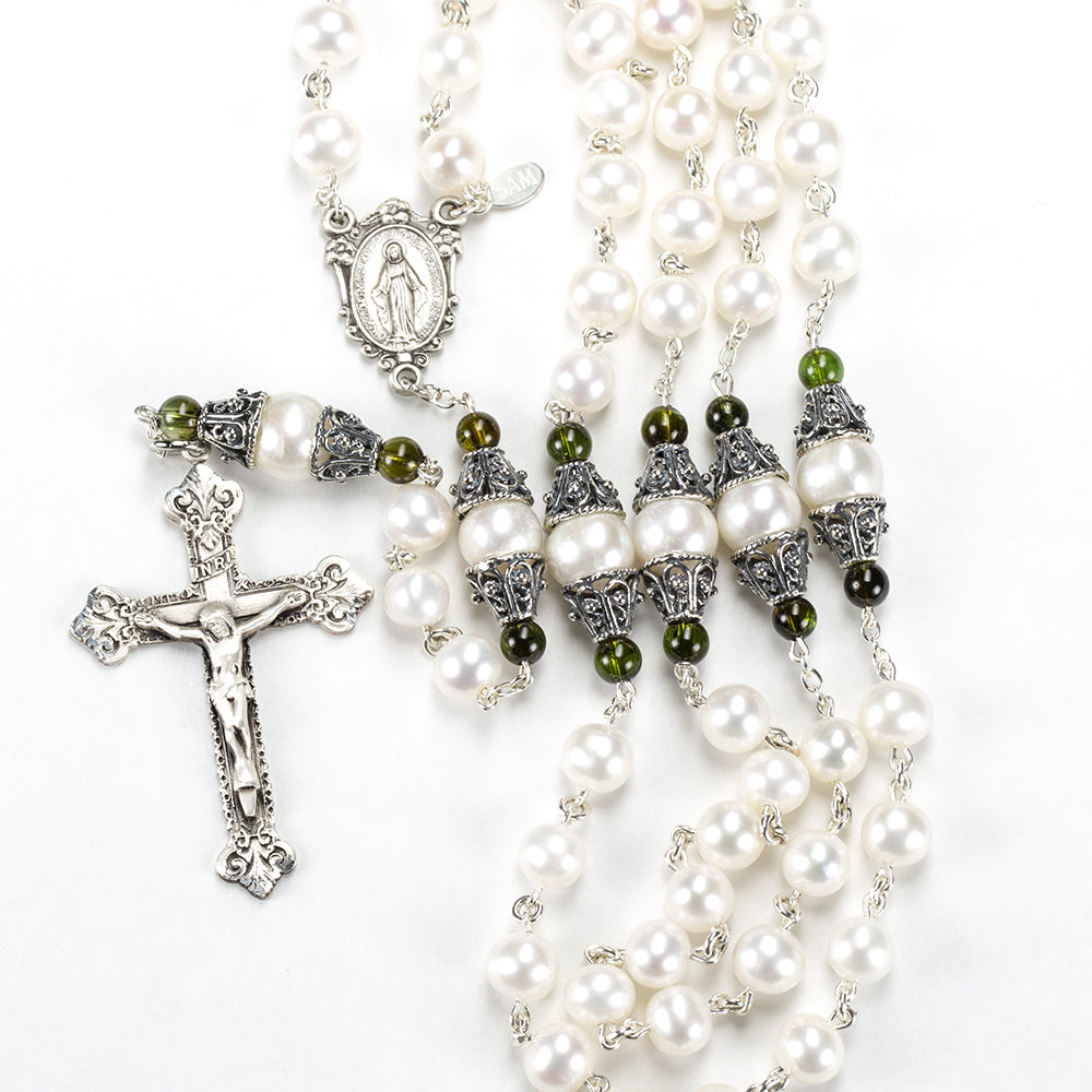 Catholic Women's Rosary Handmade with Freshwater Pearls, Green Tourmaline and Sterling Silver