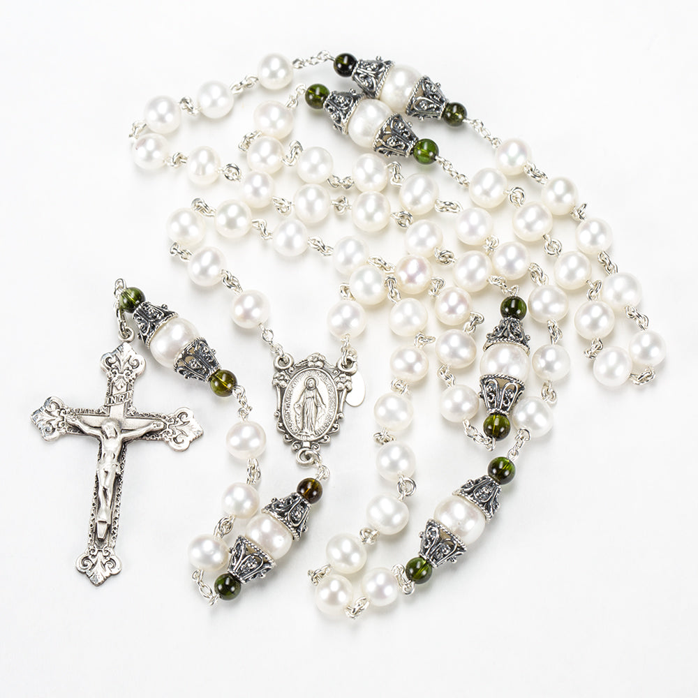Catholic Women's Rosary Handmade with Freshwater Pearls, Green Tourmaline and Sterling Silver