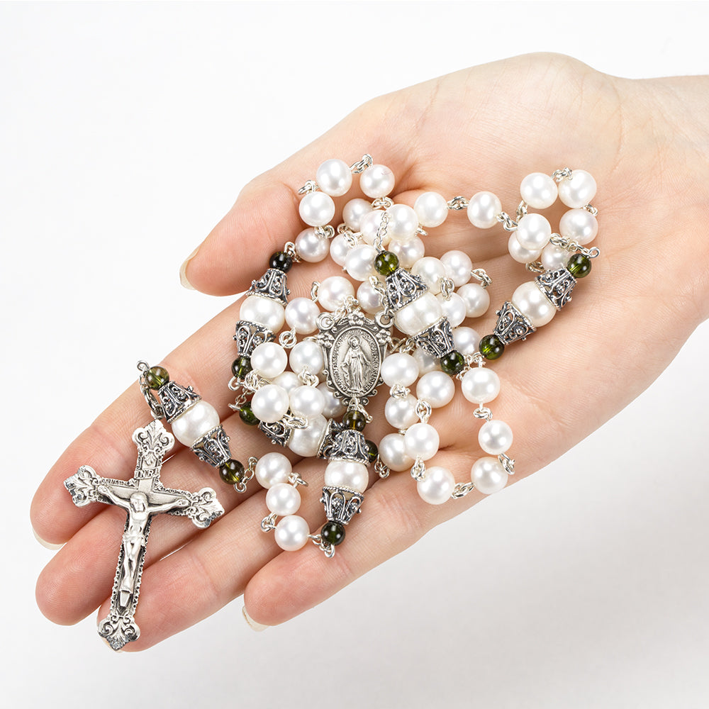 Catholic Women's Rosary Handmade with Freshwater Pearls, Green Tourmaline and Sterling Silver