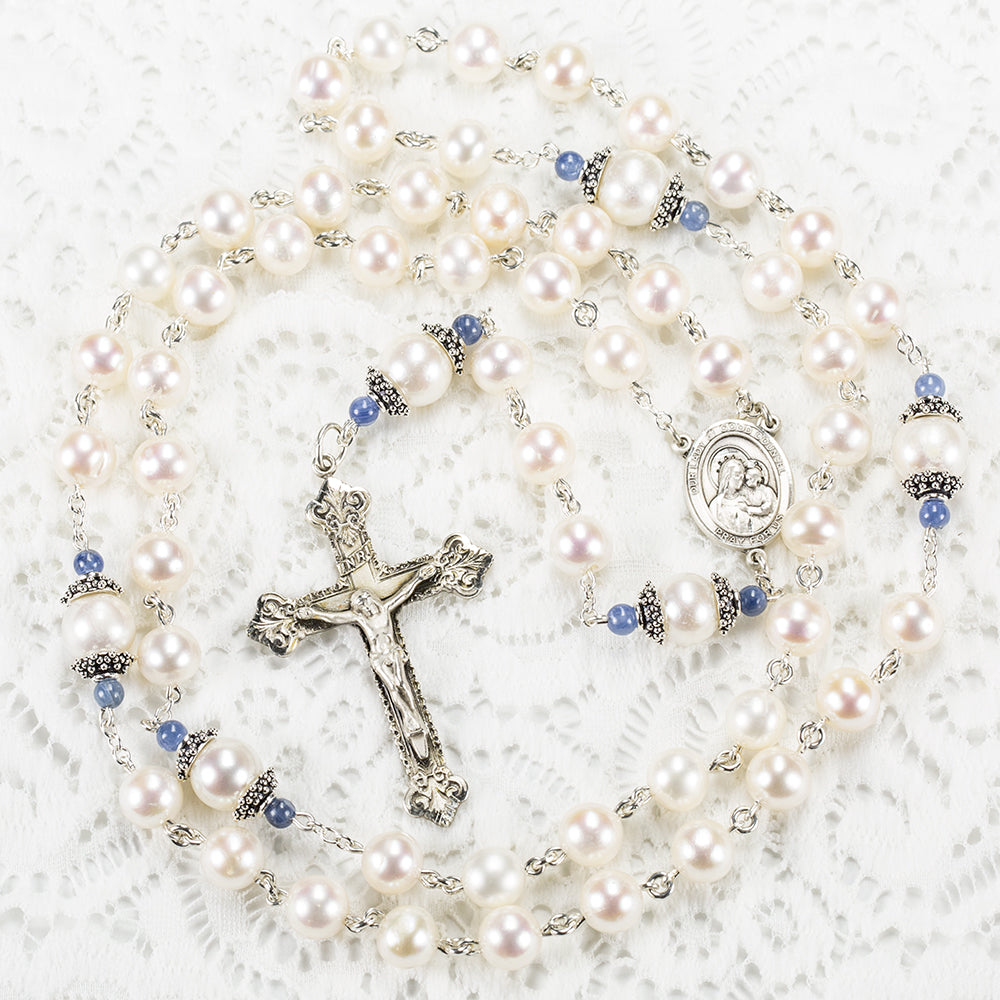 Mantle of Mary Catholic Rosary with Freshwater Pearls and Kyanite