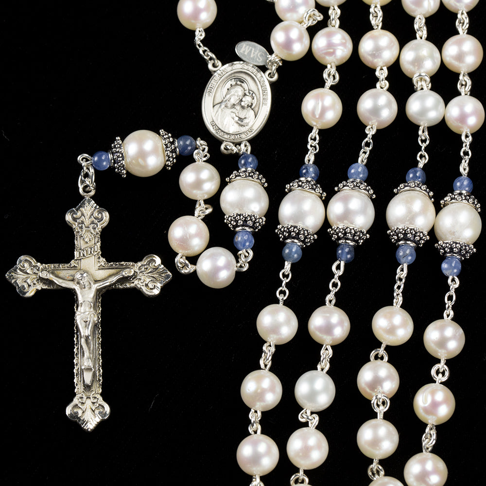 Mantle of Mary Catholic Rosary with Freshwater Pearls and Kyanite