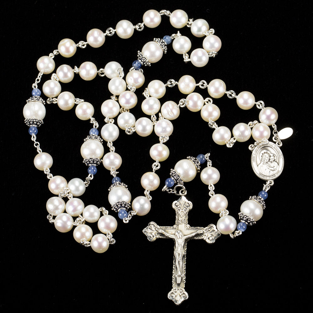 Mantle of Mary Catholic Rosary with Freshwater Pearls and Kyanite