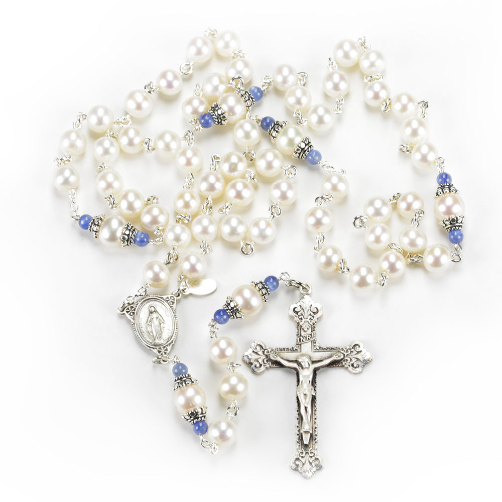 Mantle of Mary Catholic Rosary with Freshwater Pearls and Kyanite