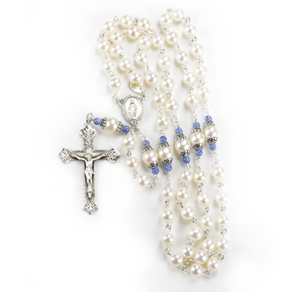 Mantle of Mary Catholic Rosary with Freshwater Pearls and Kyanite