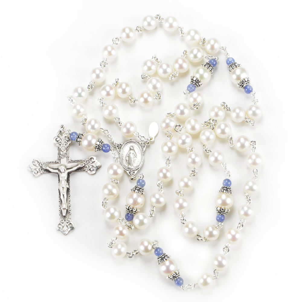 Mantle of Mary Catholic Rosary with Freshwater Pearls and Kyanite