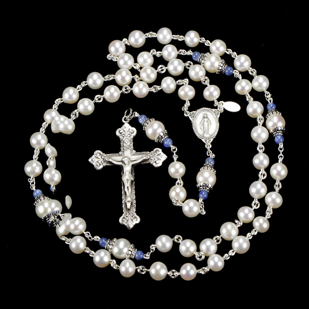 Mantle of Mary Catholic Rosary with Freshwater Pearls and Kyanite