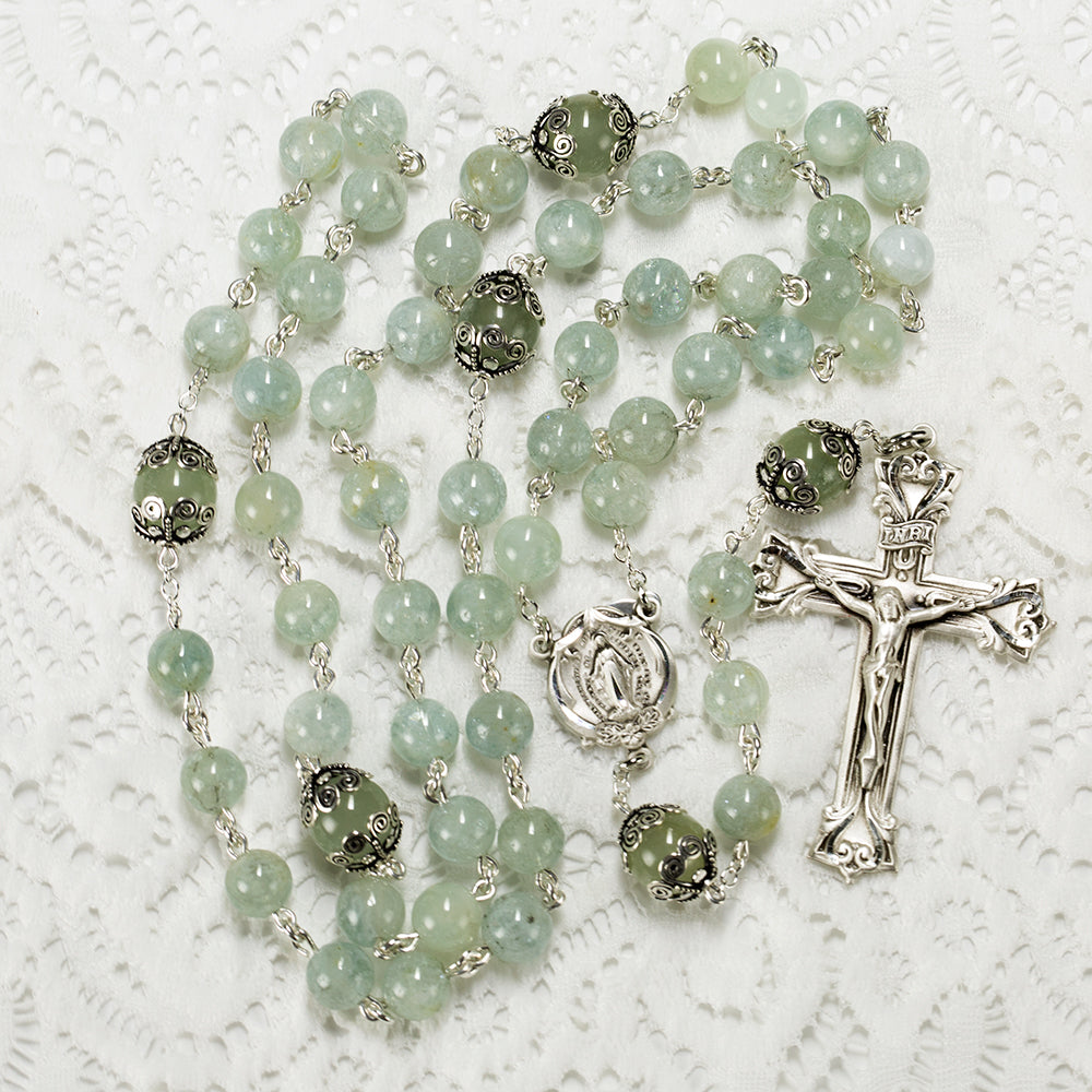 Catholic Women's Rosary Handmade with Green Aquamarine