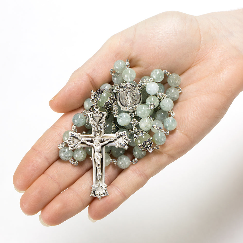 Catholic Women's Rosary Handmade with Green Aquamarine