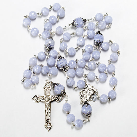 Catholic Womens Rosary Handmade with Blue Lace Agate Stones