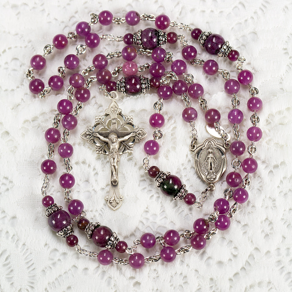 Catholic Women's Rosary Handmade with Star Rubies, Rubyziosite, Sterling Silver and a Miraculous Medal