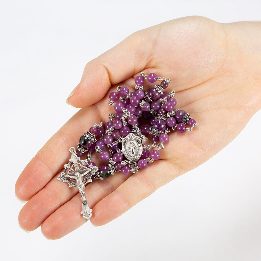 Catholic Women's Rosary Handmade with Star Rubies, Rubyziosite, Sterling Silver and a Miraculous Medal