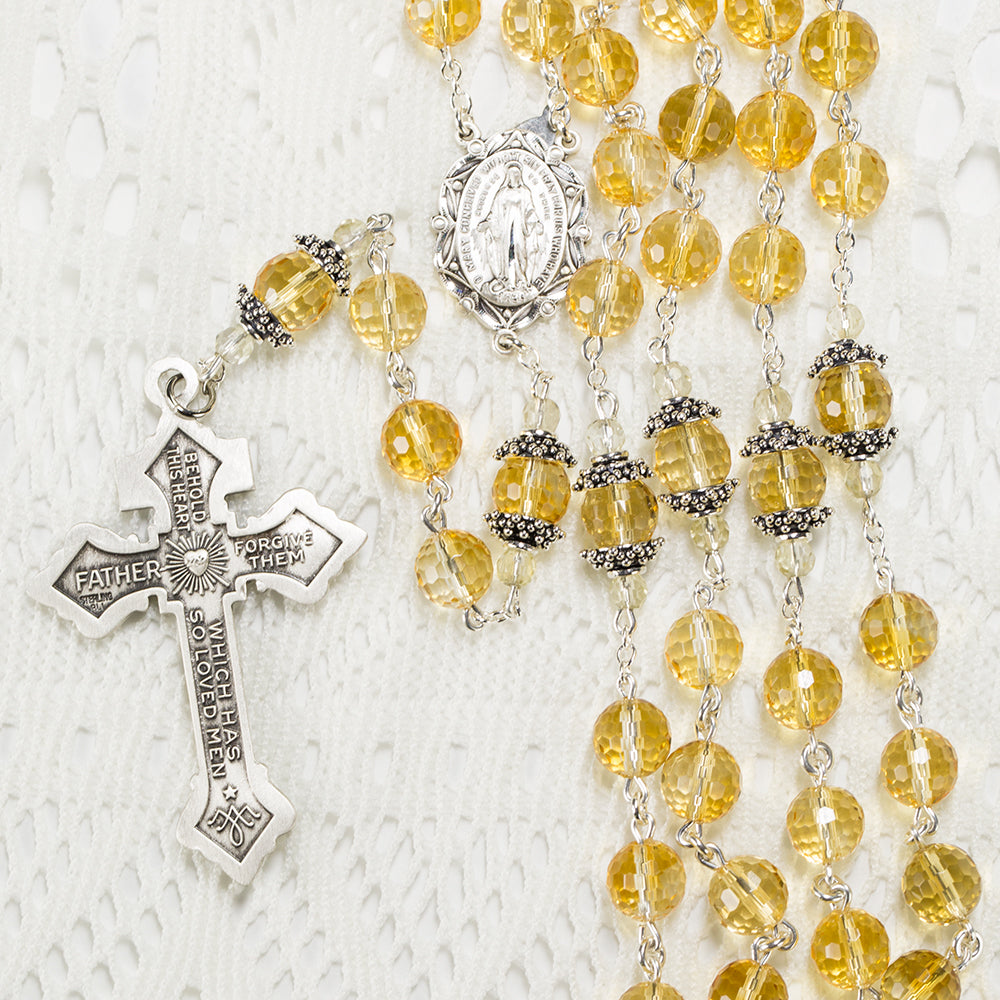 Catholic Rosary Handmade with Citrine, sterling silver and Pardon Crucifix