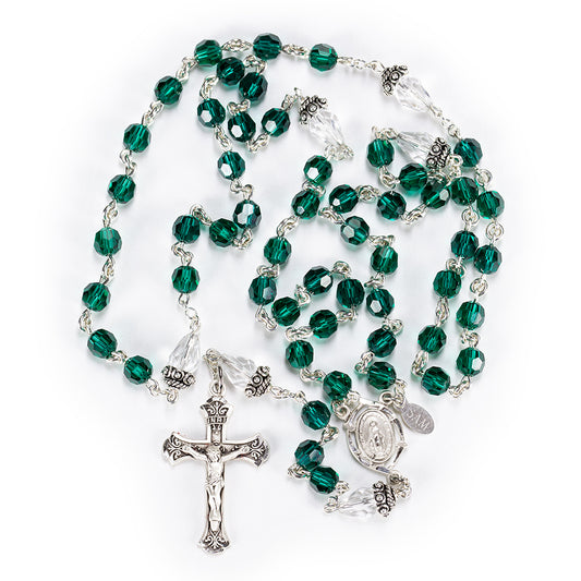 First Communion Rosary handmade with Green Swarovski Crystals and Bali Silver