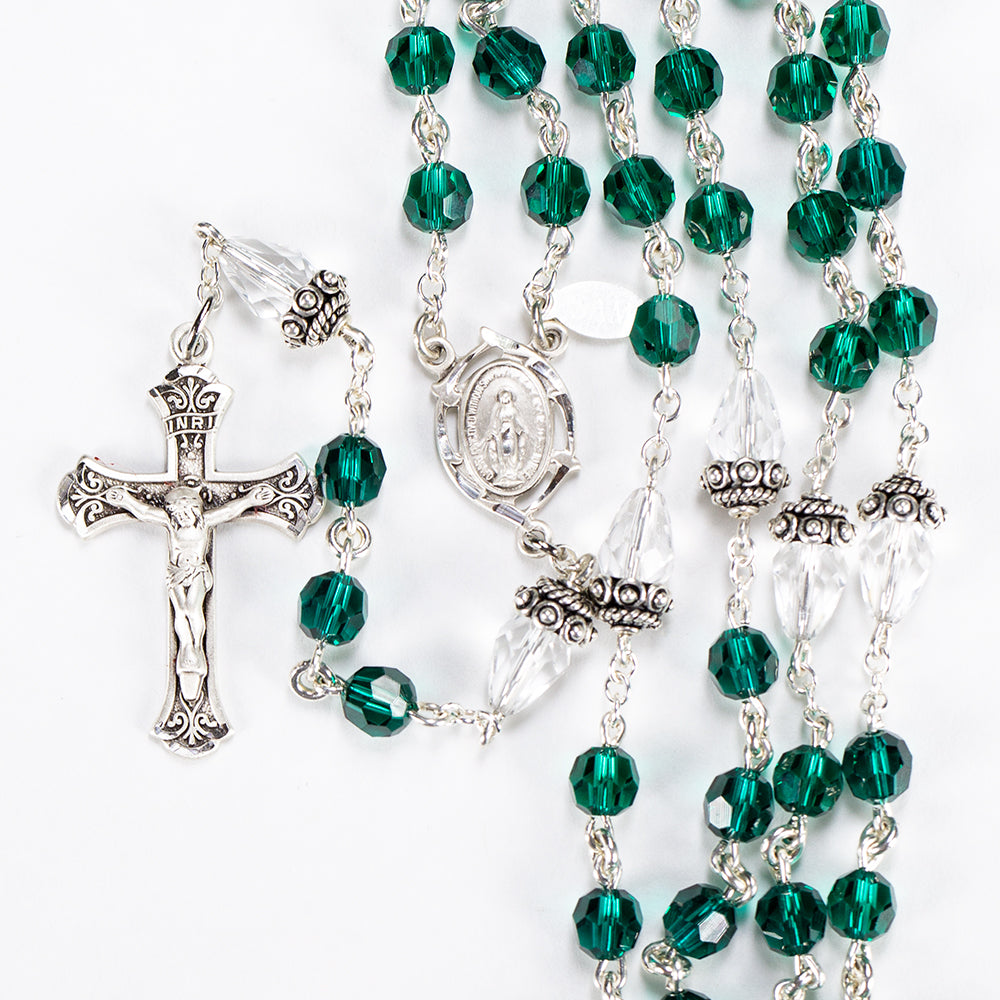 First Communion Rosary handmade with Green Swarovski Crystals and Bali Silver