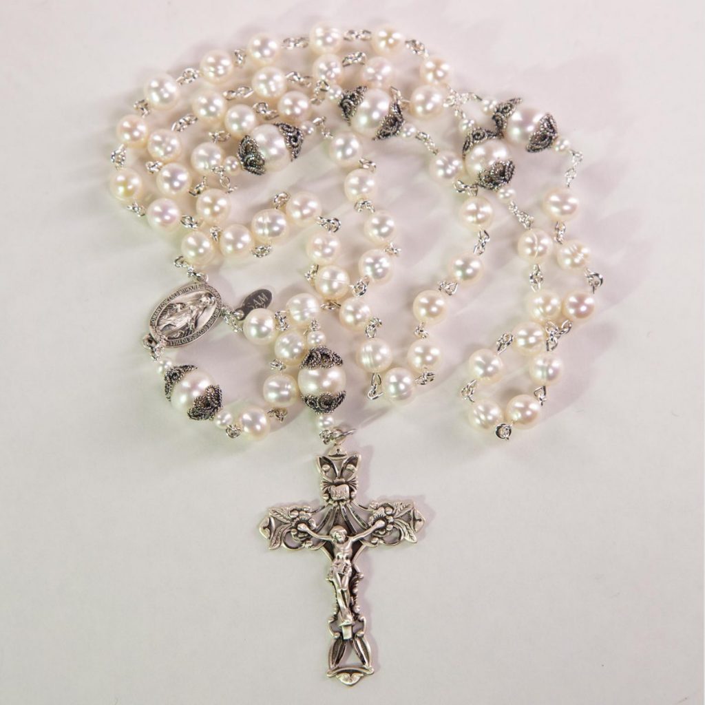 Rosary Genuine Fresh Water Round Pearl Bead Rosary with store Deluxe Crucifix and Center. 18