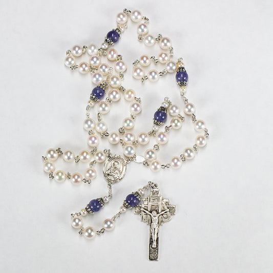 Tanzanite Pearl Catholic Women's Rosary - Handmade Heirloom