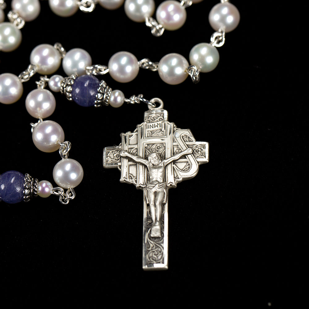 Tanzanite Pearl Catholic Women's Rosary - Handmade Heirloom
