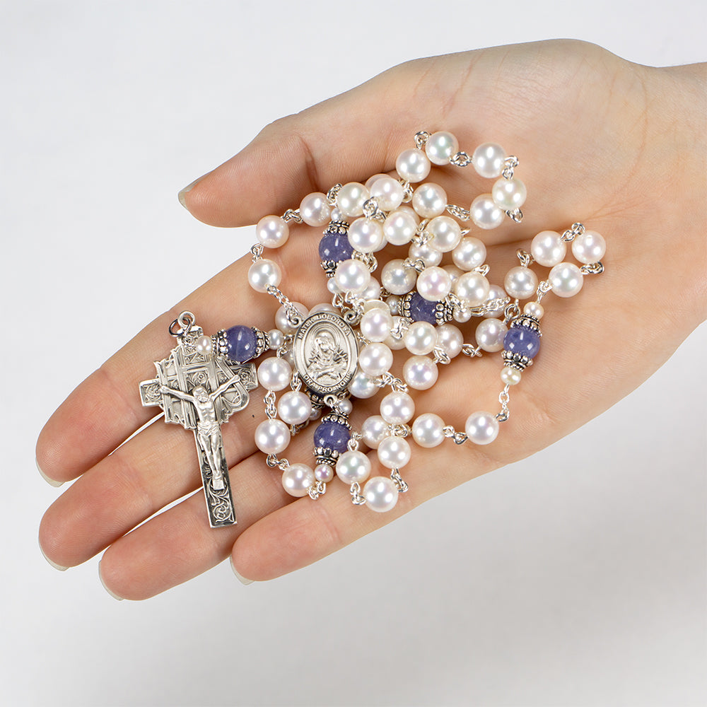 Tanzanite Pearl Catholic Women's Rosary - Handmade Heirloom