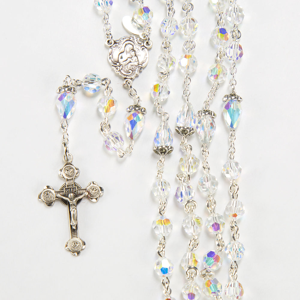 Swarovski Crystal Aurora Borealis First Communion, Baptism Catholic Rosary