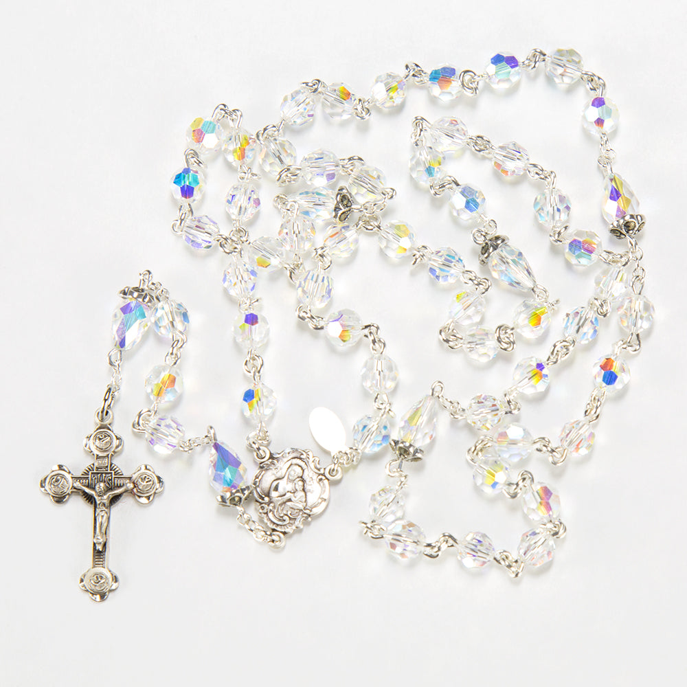 Swarovski Crystal Aurora Borealis First Communion, Baptism Catholic Rosary