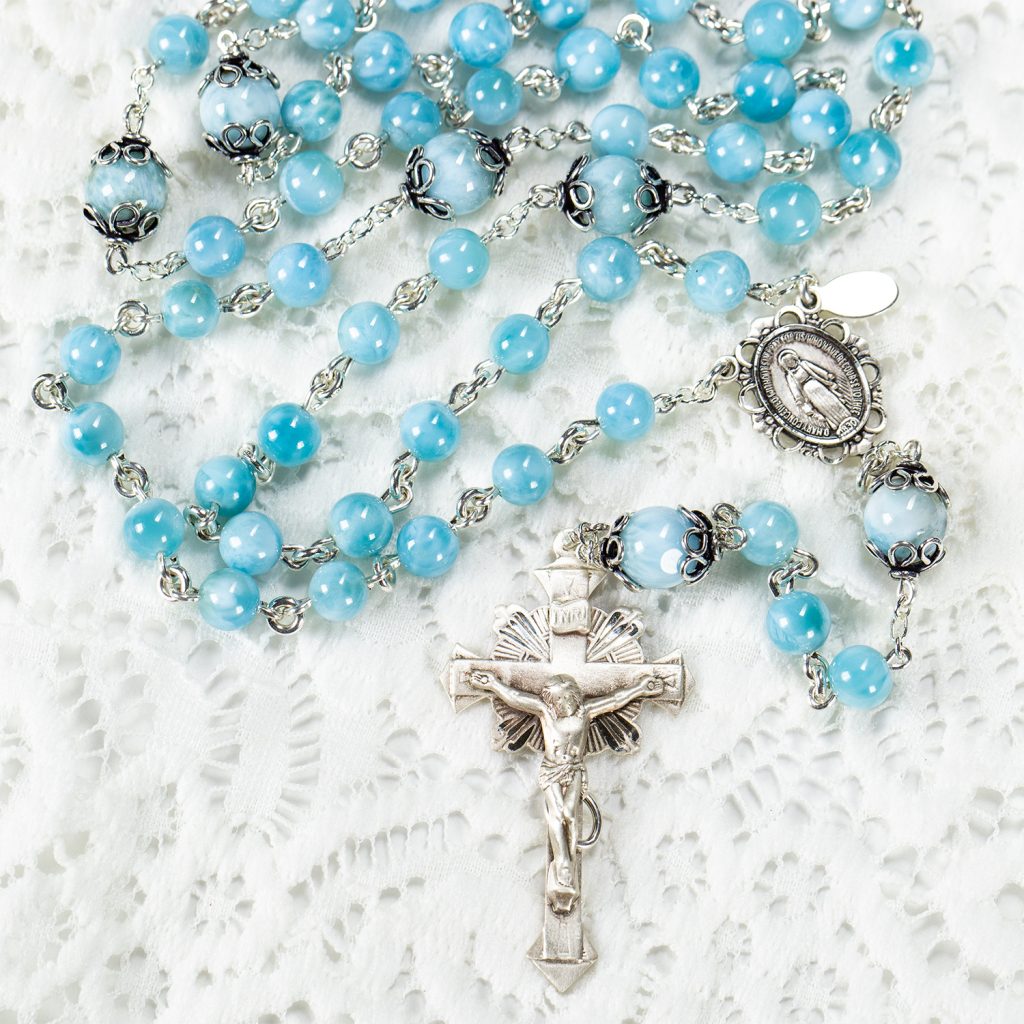 Blue Larimar Catholic Rosary - Handmade, Heirloom Rosaries Gift for Women - Sterling Silver, Miraculous Medal Center, Gemstone