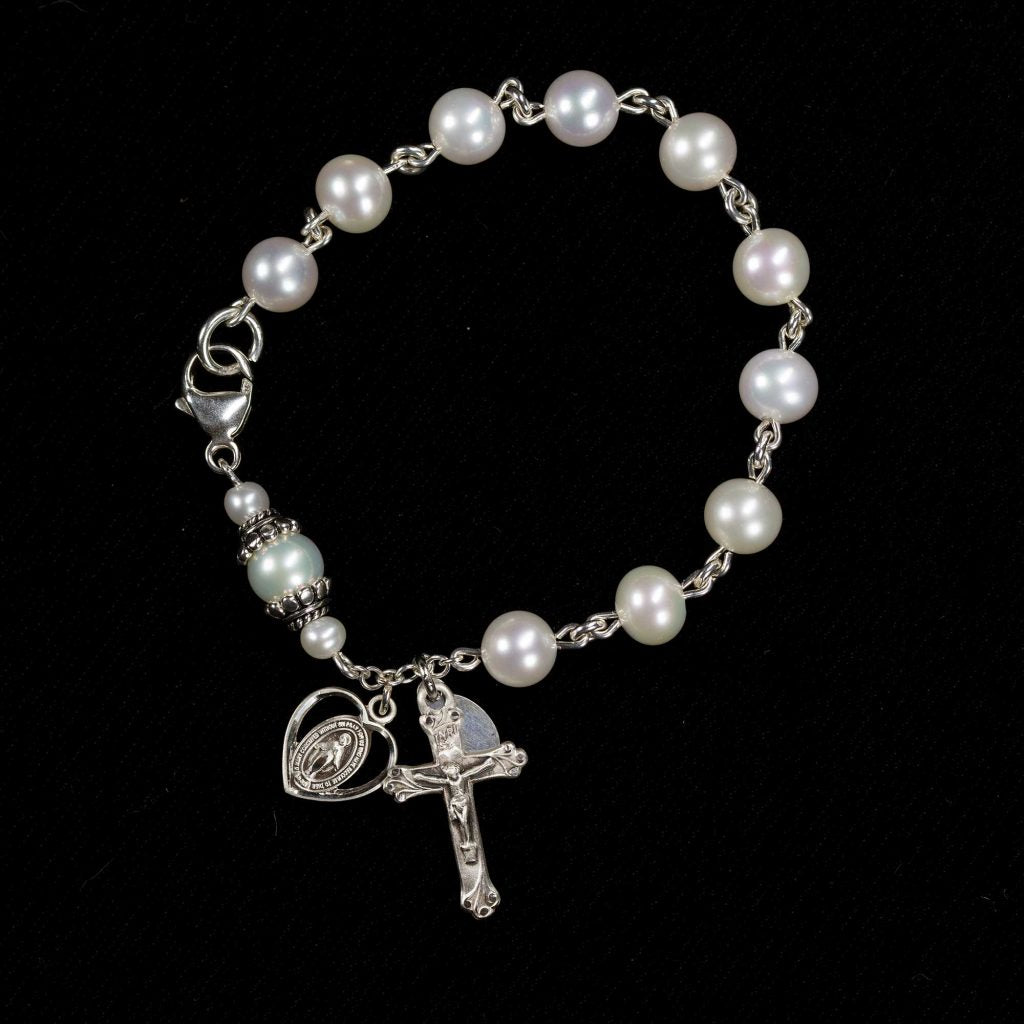 White Freshwater Pearl Bracelet Rosary for Catholic Women & Girls