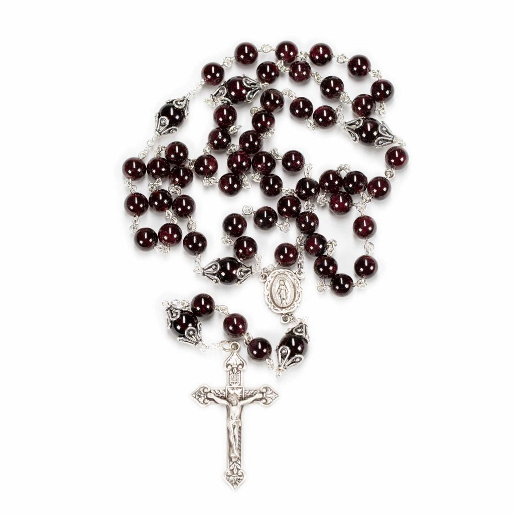 Garnet Women's Catholic Rosary Handmade with Sterling Silver Bead Caps & Miraculous Medal Center