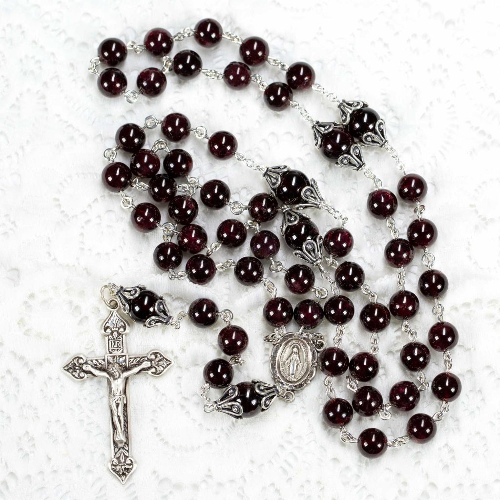 Garnet Women's Catholic Rosary Handmade with Sterling Silver Bead Caps & Miraculous Medal Center