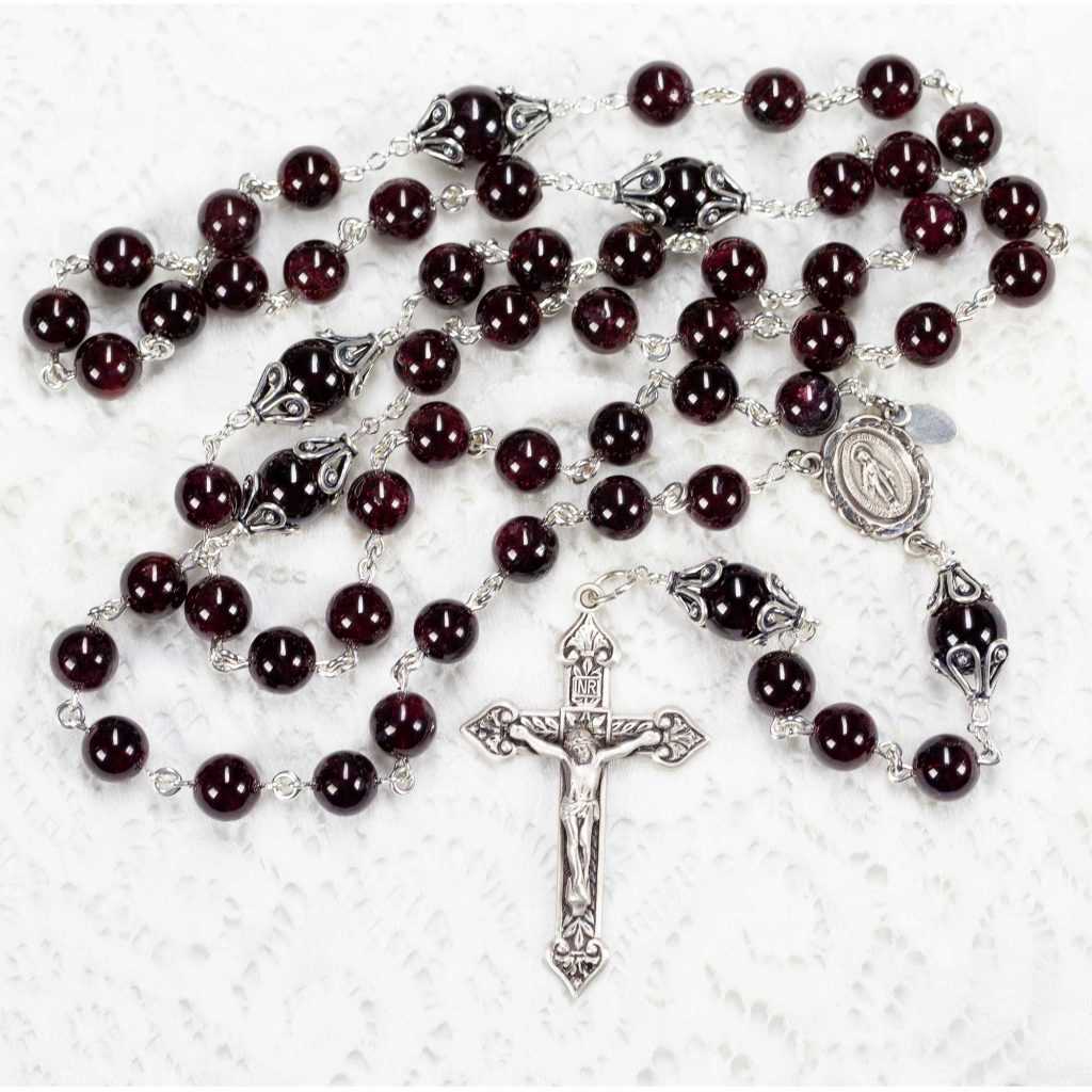 Garnet Women's Catholic Rosary Handmade with Sterling Silver Bead Caps & Miraculous Medal Center