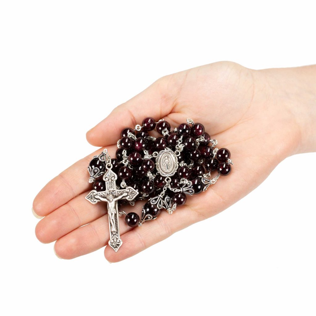 Garnet Women's Catholic Rosary Handmade with Sterling Silver Bead Caps & Miraculous Medal Center