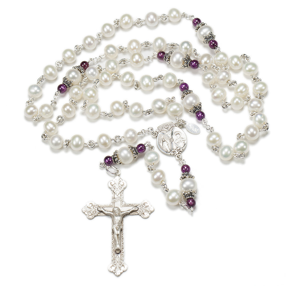 Catholci Women's Handmade Freshwater Pearl and Garnet rosary