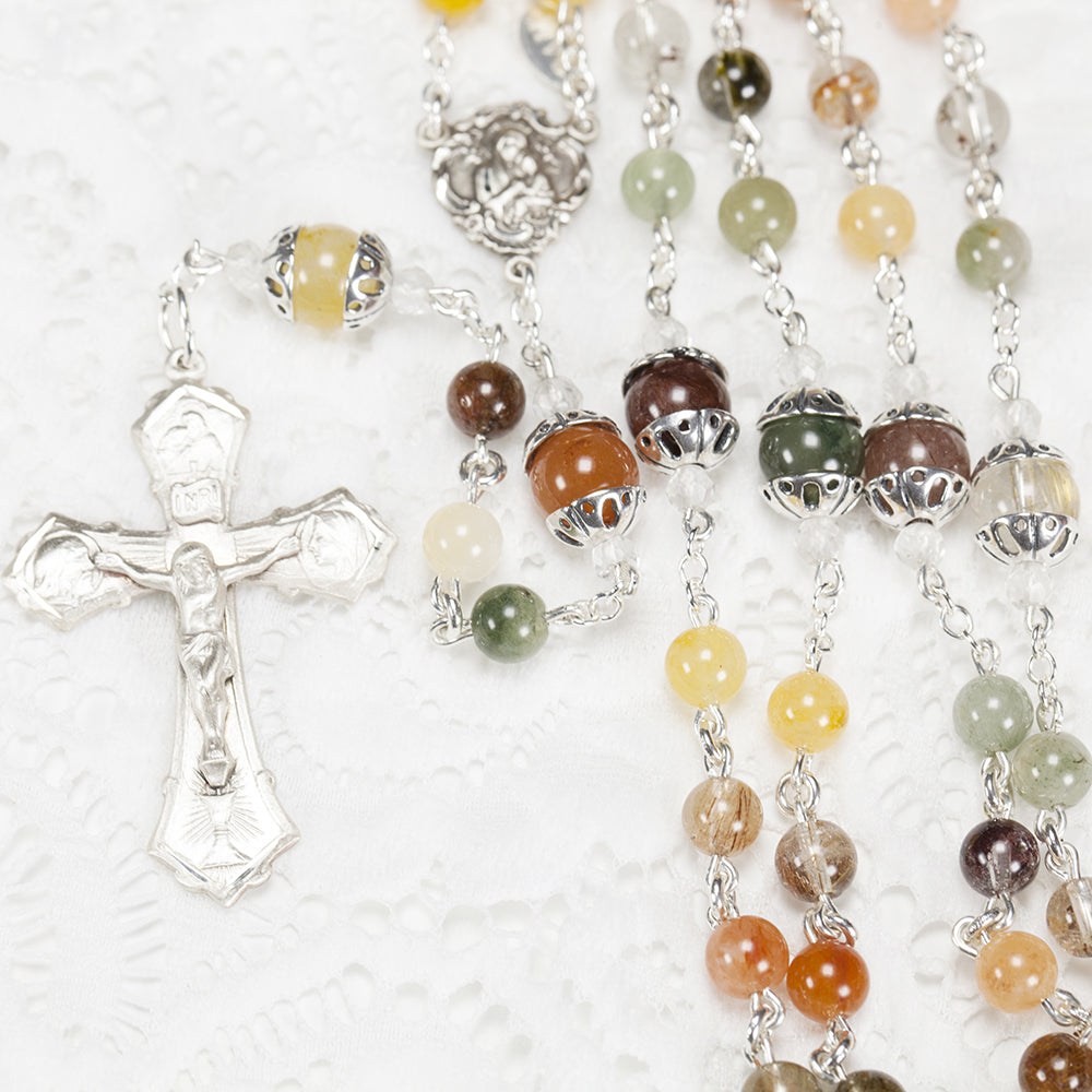 Heirloom Catholic Women's Rosary Handmade with Rutilated Quartz stones