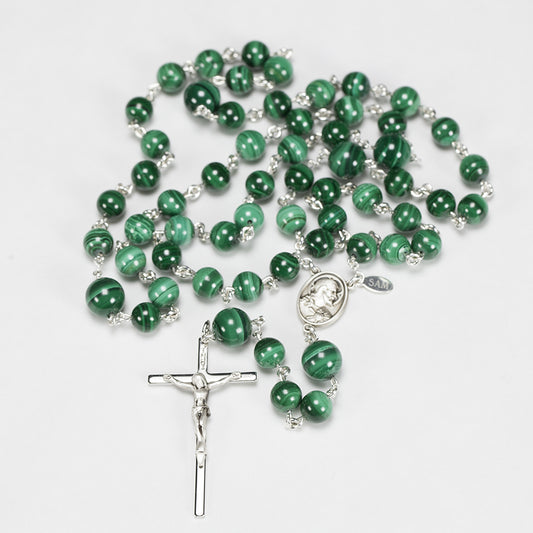 Handmade, Heirloom Catholic rosary for men made with Green Malachite stones