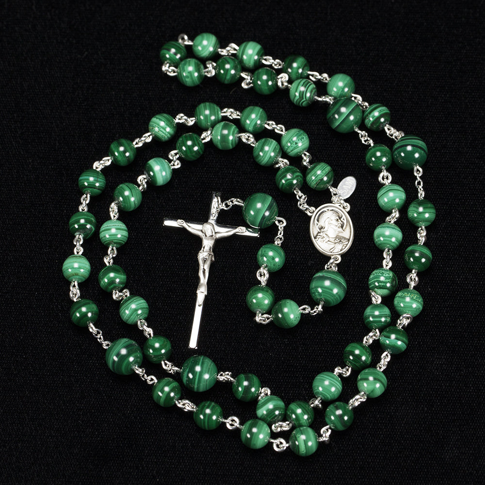 Handmade, Heirloom Catholic rosary for men made with Green Malachite stones