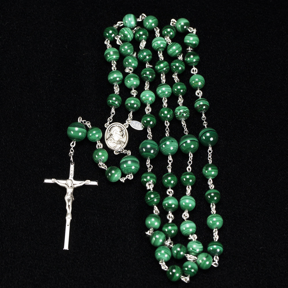 Handmade, Heirloom Catholic rosary for men made with Green Malachite stones