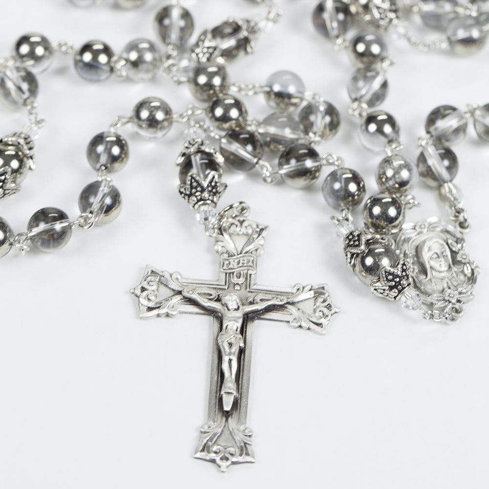 Smooth Crystal Quartz and Silver Catholic Rosary