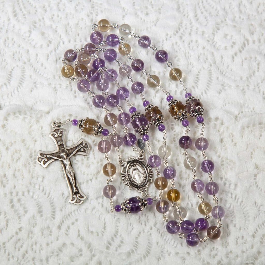 Handmade Catholic Rosary with Purple Yellow Ametrine Stones