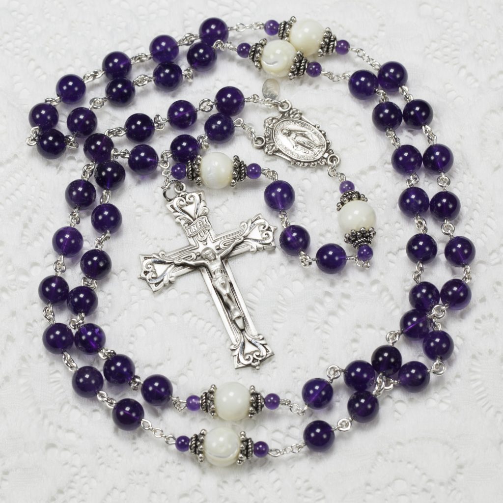 Catholic Women's Rosary Handmade with Amethyst and Mother of Pearl