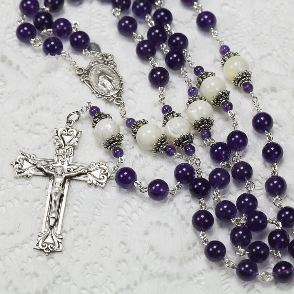 Catholic Women's Rosary Handmade with Amethyst and Mother of Pearl