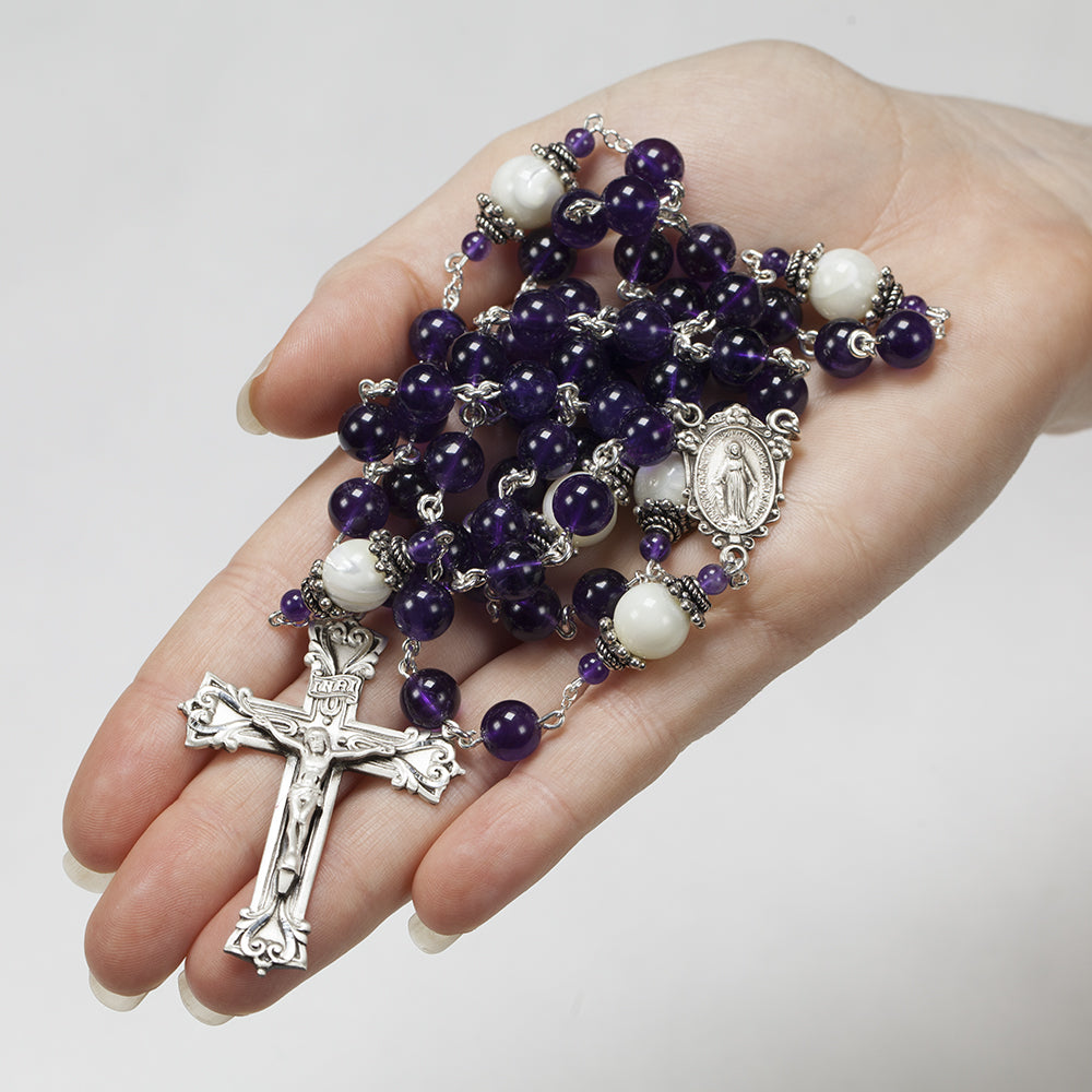 Catholic Women's Rosary Handmade with Amethyst and Mother of Pearl