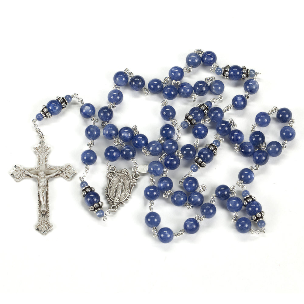 Catholic Women's Rosary Handmade with Kyanite Stones, Bali sterling silver and a Miraculous Medal
