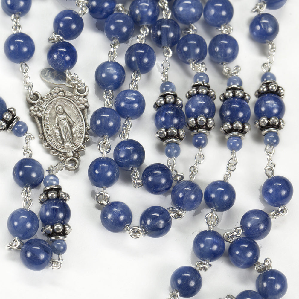 Catholic Women's Rosary Handmade with Kyanite Stones, Bali sterling silver and a Miraculous Medal