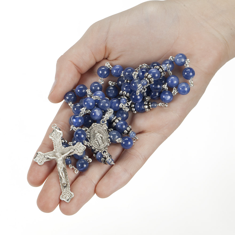 Catholic Women's Rosary Handmade with Kyanite Stones, Bali sterling silver and a Miraculous Medal